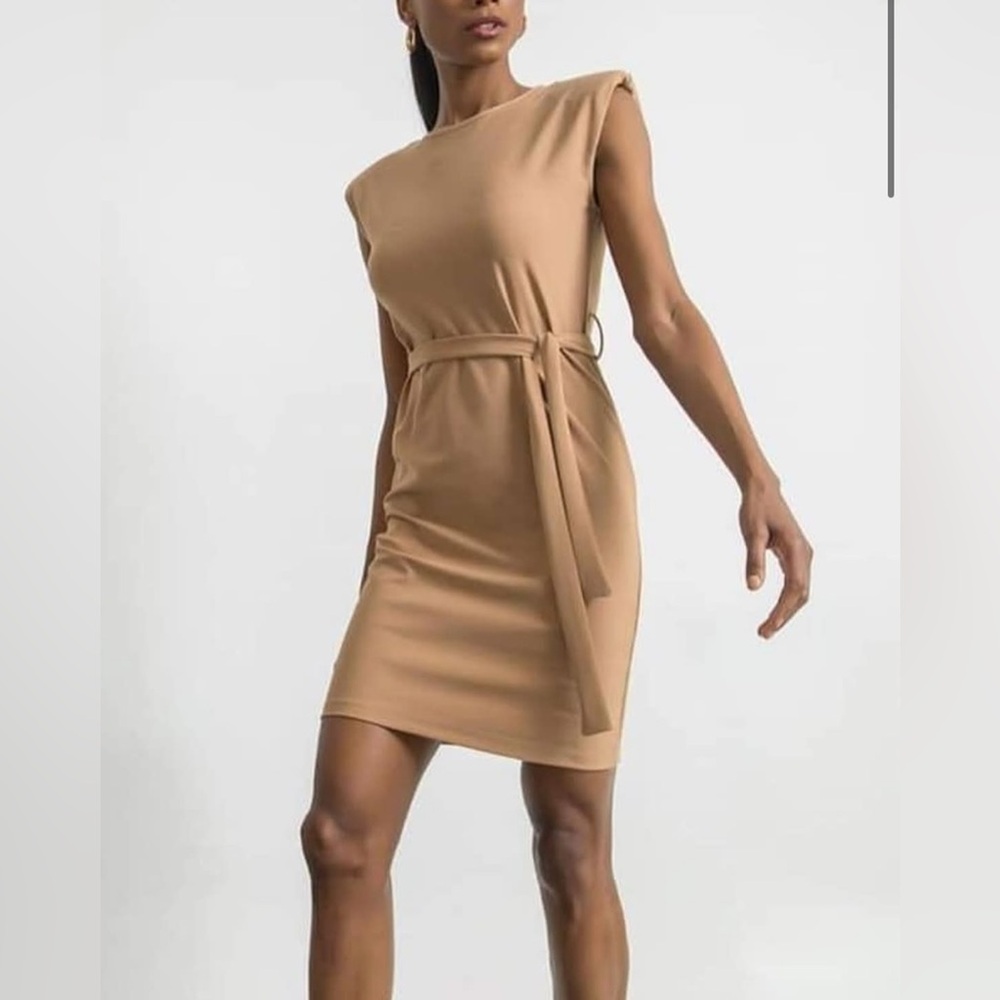 SHEIN Tan Tie-Waist Sleeveless Mini Dress (M)